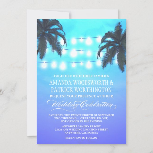 Palm Tree Lights Watercolor Wedding Invitations (Front)