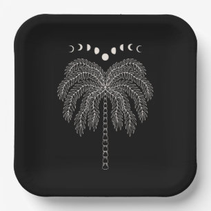 Palm tree line drawing white black moon phases pap paper plate