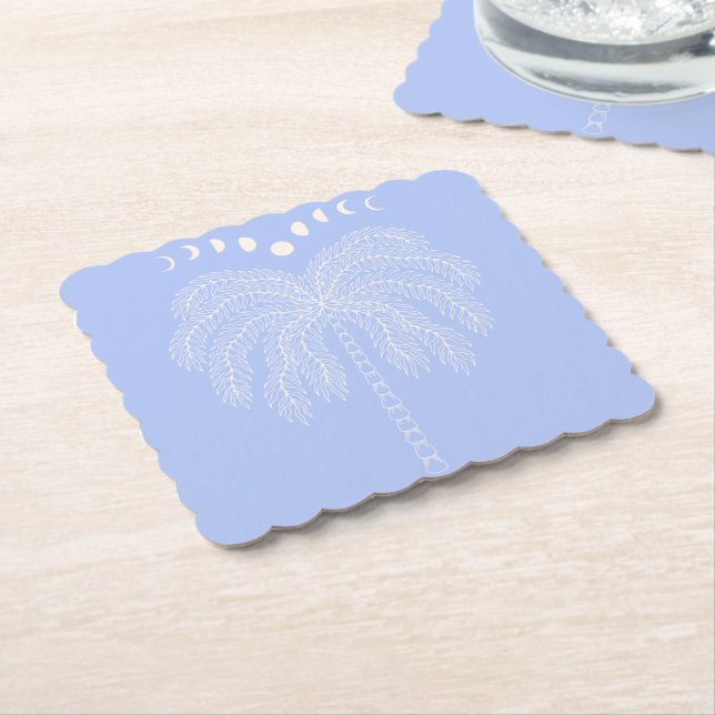 Palm tree line drawing white lilac moon phases  be paper coaster (Angled)