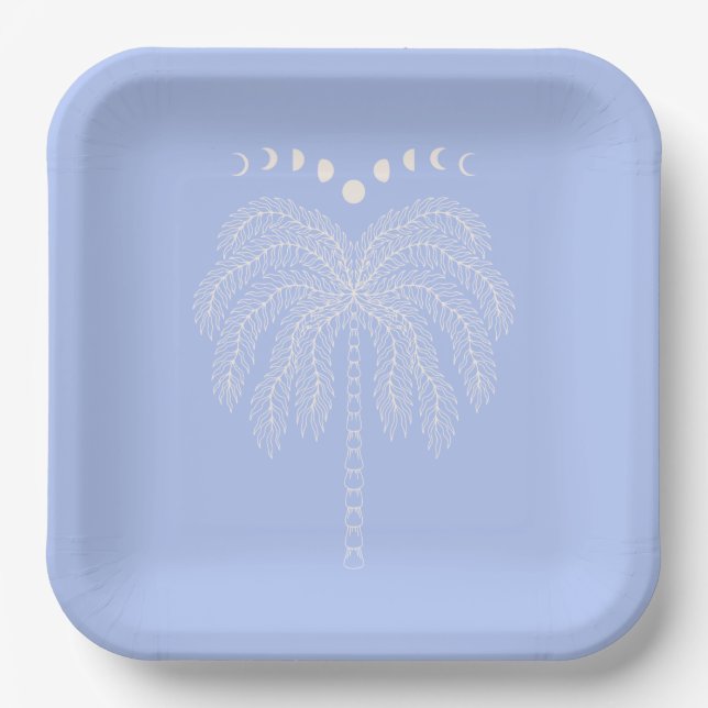 Palm tree line drawing white lilac moon phases  pa paper plate (Front)