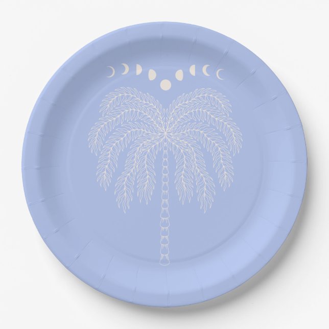 Palm tree line drawing white lilac moon phases  paper plate (Front)