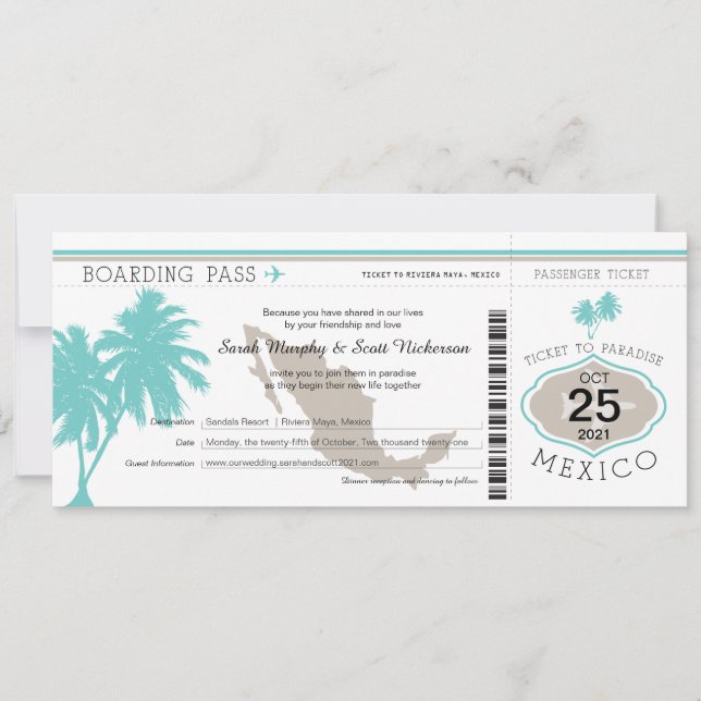 Palm Tree Mexico Boarding Pass Wedding Invitation (Front)
