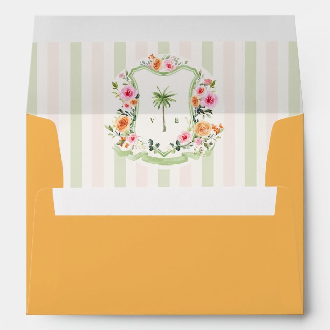 Palm Tree Monogram Striped Tropical Wedding Envelope (Back (Bottom))