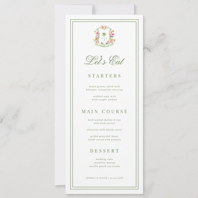 Palm Tree Monogram Tropical Wedding Menu Card (Front)
