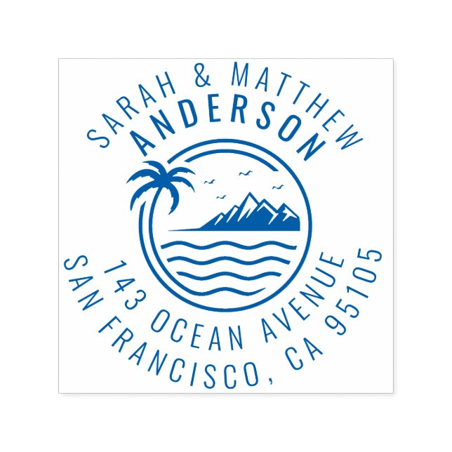 Palm Tree, Mountain & Ocean Married Couple Address Self-inking Stamp (Design)