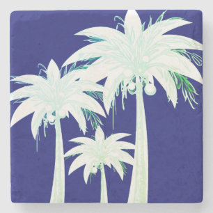 Palm Tree Navy Blue Summer Green White Tropical Stone Coaster