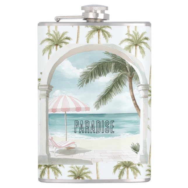 Palm Tree Ocean Paradise Hip Flask (Front)