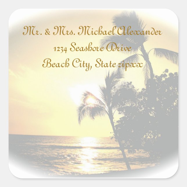 Palm Tree Ocean Sunset Return Address Square Sticker (Front)