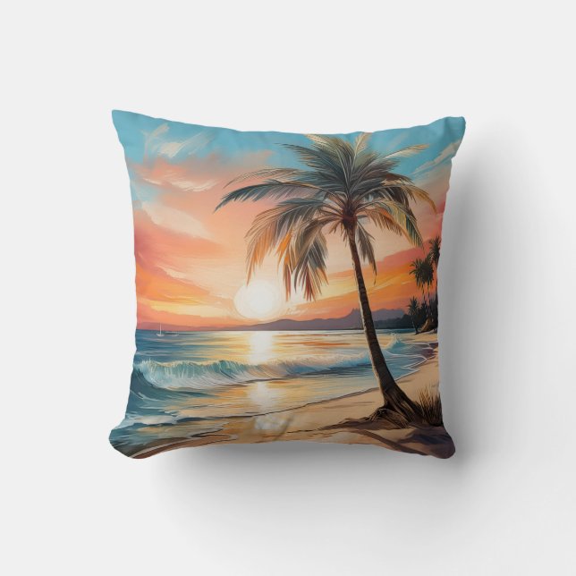 Palm Tree On Tropical Beach At Sunset Throw Pillow (Front)