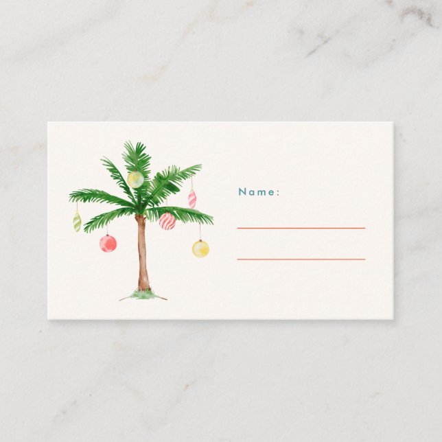 Palm Tree Ornaments Christmas in July Party Name  Place Card (Front)