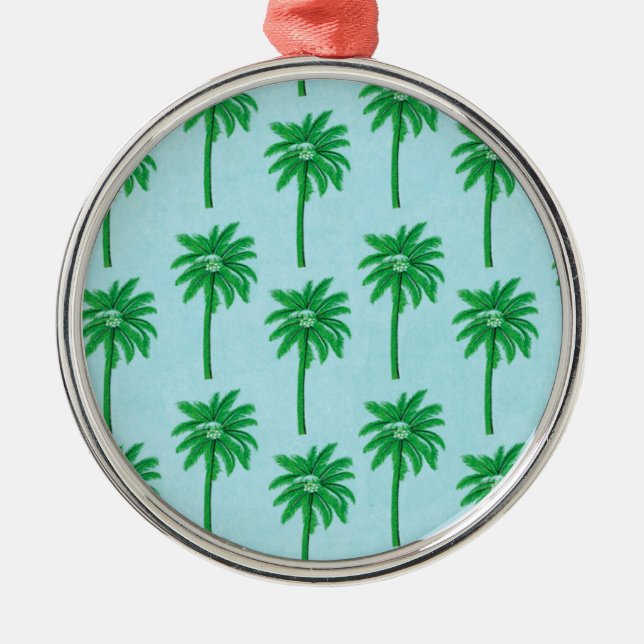 Palm Tree Pattern on Blue Metal Ornament (Front)
