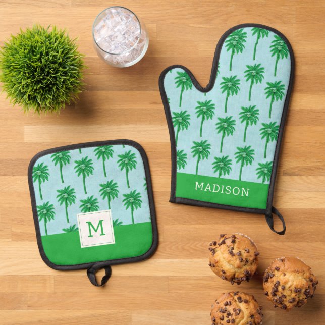Palm Tree Pattern on Blue Oven Mitt & Pot Holder Set (Top Down)