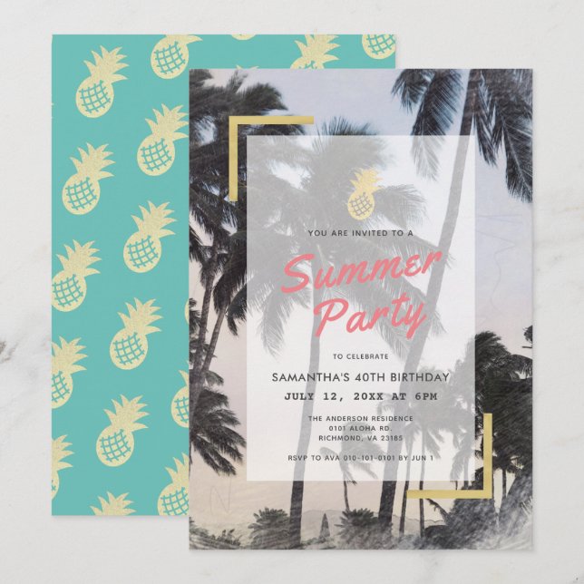 Palm Tree & Pineapple Summer Party Adult Birthday Invitation (Front/Back)