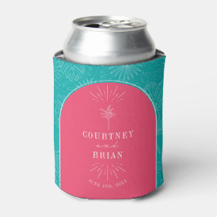 Palm Tree Pink & Blue Beach Wedding  Can Cooler