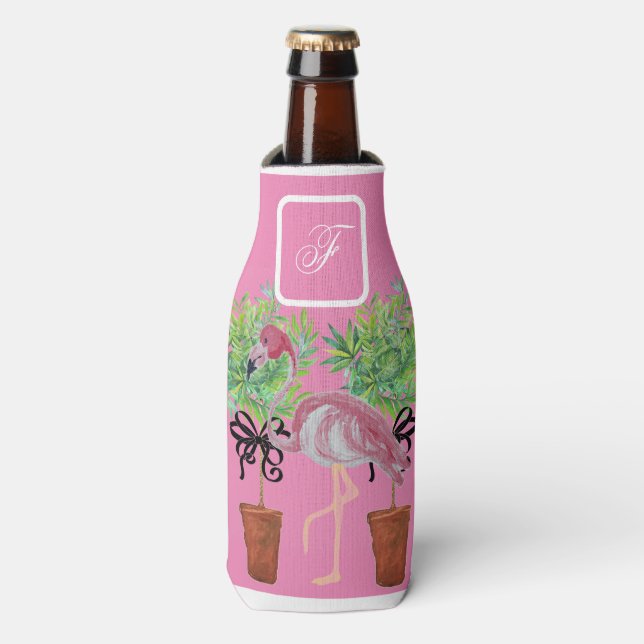 Palm Tree Pink Flamingo Flamingos Can  Bottle Cooler (Bottle Front)