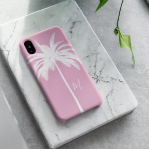 Palm Tree Pink White Tropical Elegant Monogram