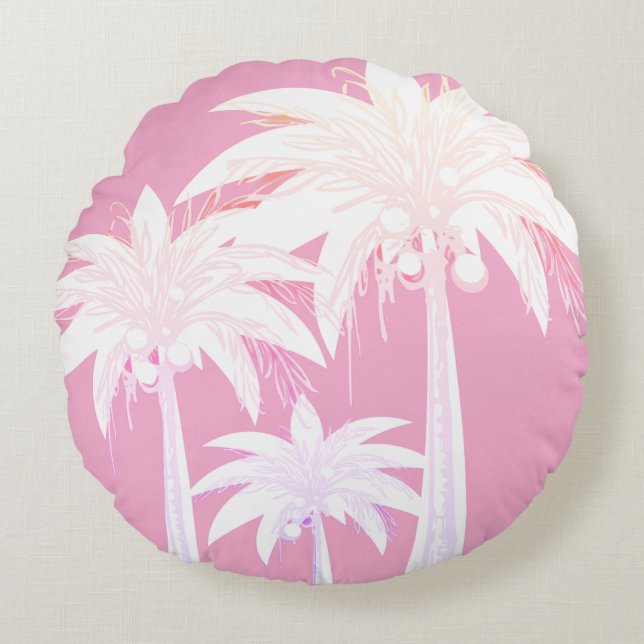 Palm Tree Pink White Tropical Summer Beach House Round Pillow (Front)