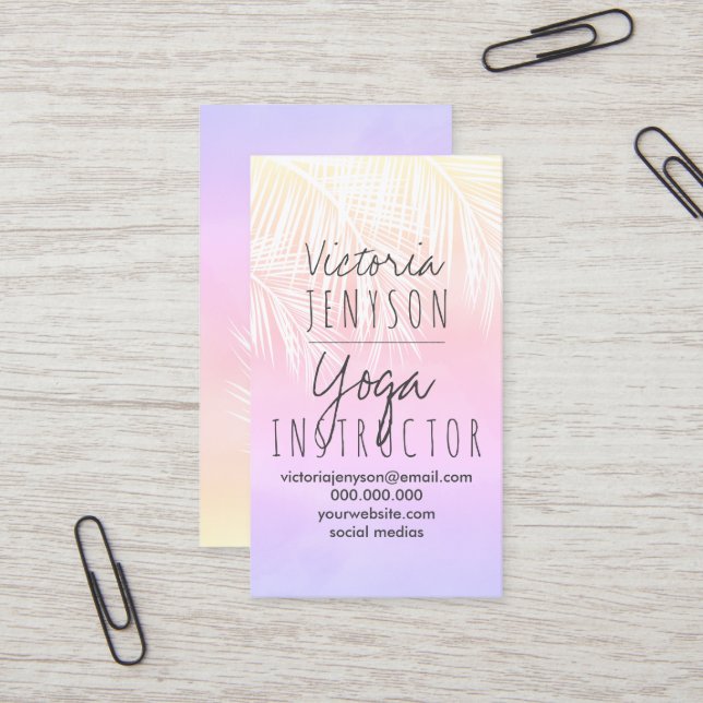 Palm tree pink yellow watercolor sunset yoga business card (Front/Back In Situ)