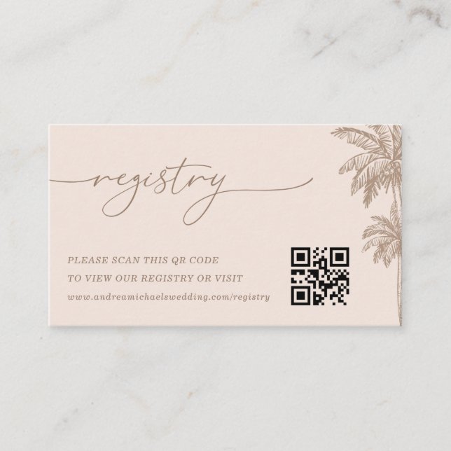 Palm Tree QR Code Wedding Gift Registry Enclosure Card (Front)