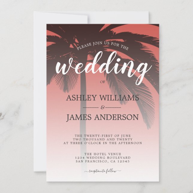 Palm Tree Red Beach Mariage Invitation (Devant)