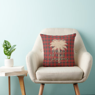 Palm Tree Red Grey Buffalo Plaid Christmas Throw Pillow