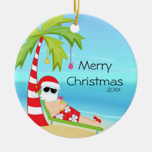 Palm Tree Relaxing Santa Tropical Christmas Ceramic Ornament