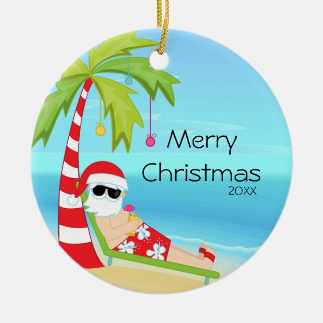 Palm Tree Relaxing Santa Tropical Christmas Ceramic Ornament (Front)