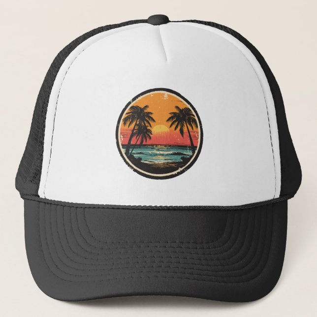 Palm Tree - Retro Style Tropical Beach Sun Summer  Trucker Hat (Front)