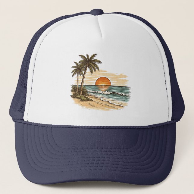 Palm Tree - Retro Style Tropical Beach Sun Summer  Trucker Hat (Front)