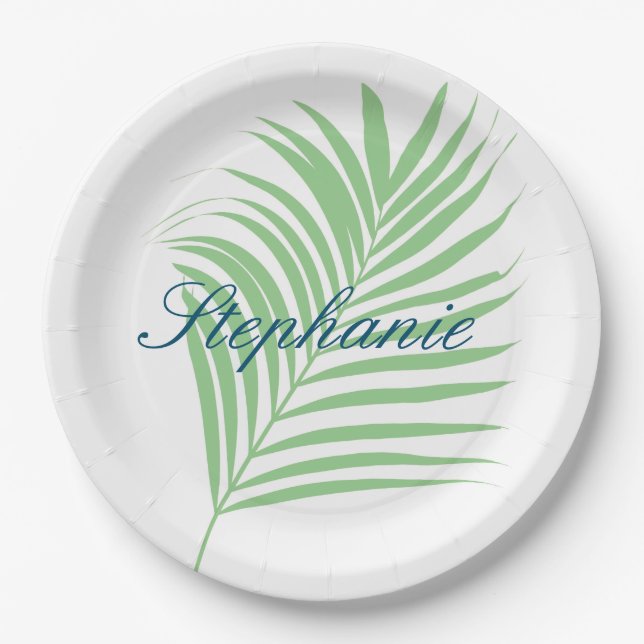 Palm Tree Sage Green Watercolor Leaves Name Paper Plate (Front)