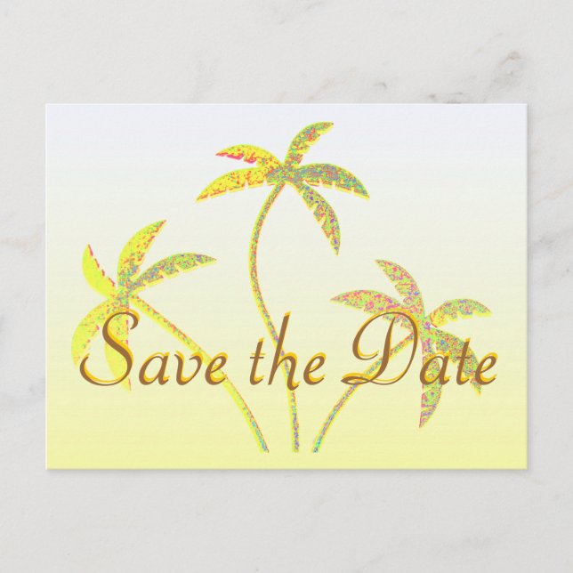 Palm Tree Save the Date Golden Glitter Announcement Postcard (Front)