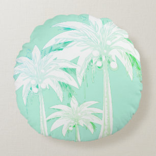 Palm Tree Seafoam Green White Tropical Beach House Round Pillow