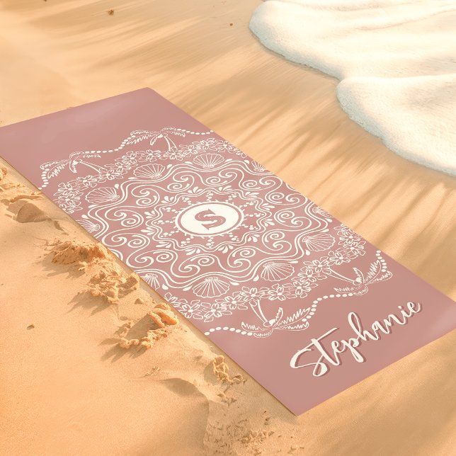Palm Tree Seashell Mandala Monogram Mauve Beachy Yoga Mat (Creator Uploaded)