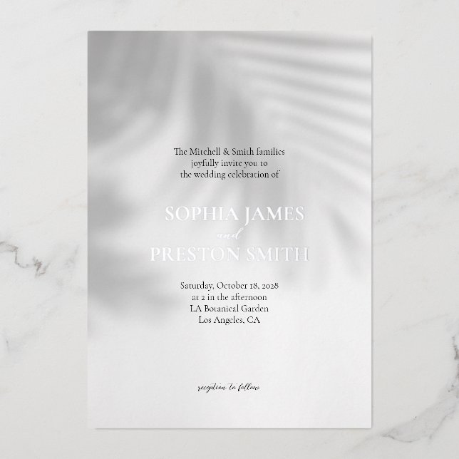 Palm Tree Shadow Modern Wedding Invite with Foil (Front)