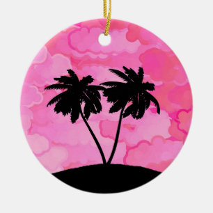 Palm Tree Silhouette Against Dawn Pink with Clouds Ceramic Ornament