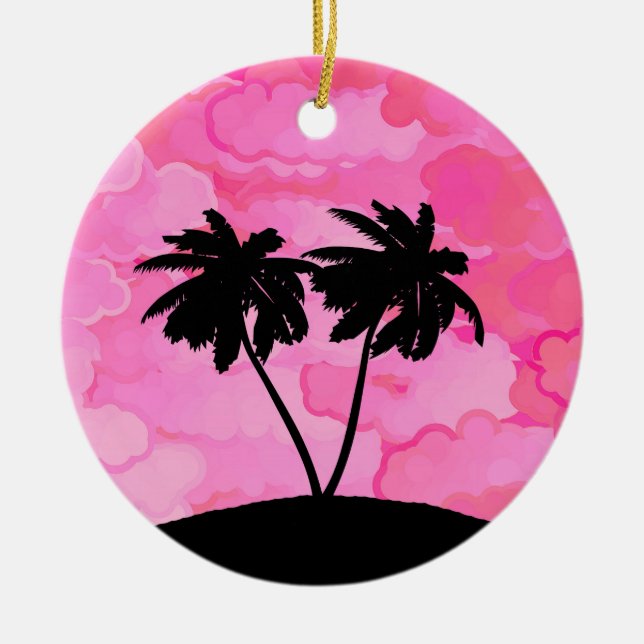 Palm Tree Silhouette Against Dawn Pink with Clouds Ceramic Ornament (Front)