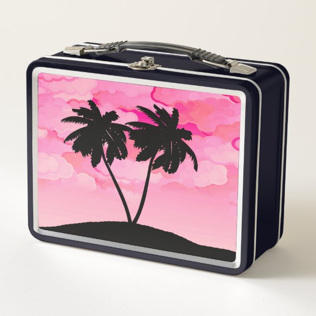 Palm Tree Silhouette Against Dawn Pink with Clouds Metal Lunch Box (Front)