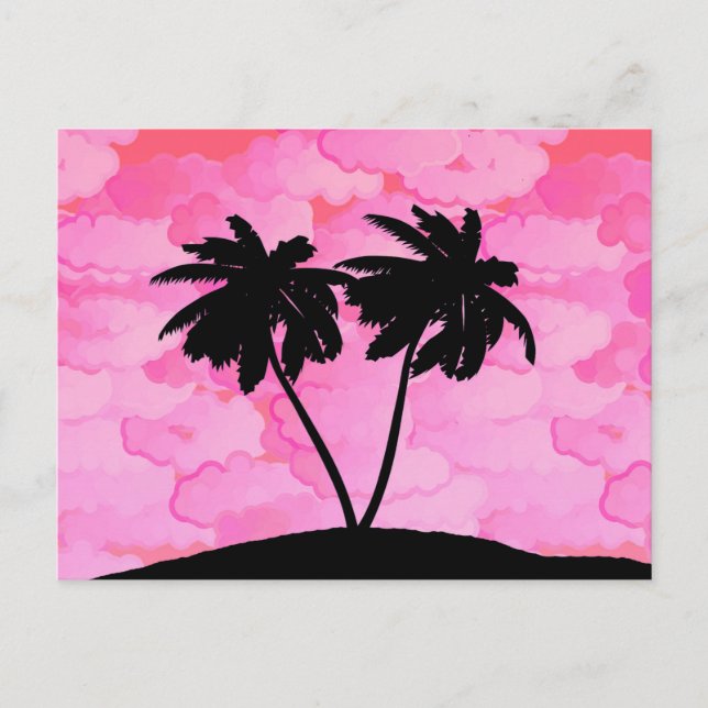 Palm Tree Silhouette Against Dawn Pink with Clouds Postcard (Front)