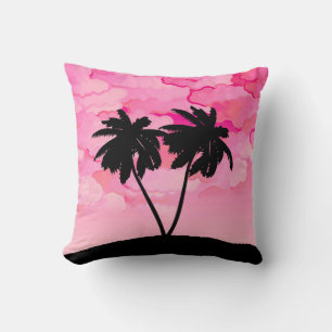 Palm Tree Silhouette Against Dawn Pink with Clouds Throw Pillow