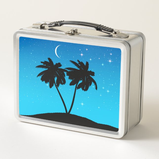 Palm Tree Silhouette Against Evening Blue with Sta Metal Lunch Box (Front)