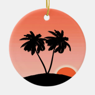Palm Tree Silhouette Against Sunset Orange  Cerami Ceramic Ornament