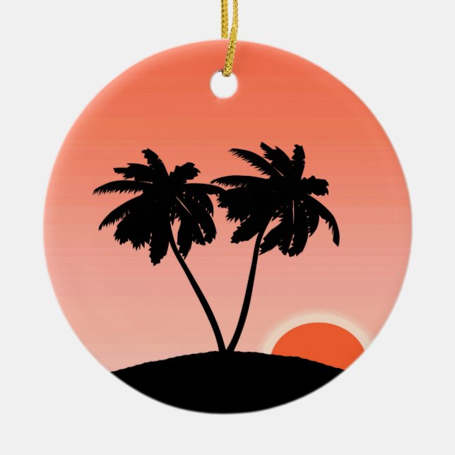 Palm Tree Silhouette Against Sunset Orange  Cerami Ceramic Ornament (Front)