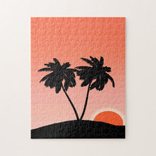 Palm Tree Silhouette Against Sunset Orange  Jigsaw Jigsaw Puzzle
