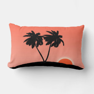 Palm Tree Silhouette Against Sunset Orange Lumbar Pillow