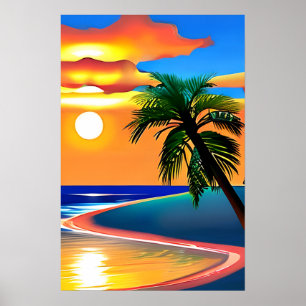 Palm Tree Silhouette and Colourful Sunset Poster