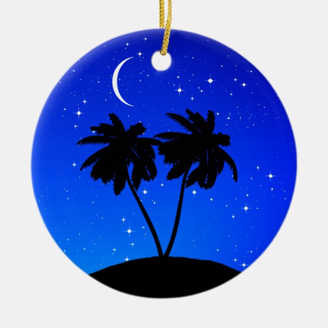 Palm Tree Silhouette, Evening Blue with Stars Ceramic Ornament (Front)