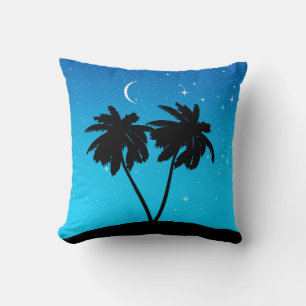 Palm Tree Silhouette, Evening Blue with Stars Throw Pillow