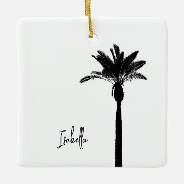 Palm Tree Silhouette NAME Travel Beach Coastal Ceramic Ornament (Front)