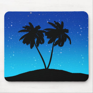 Palm Tree Silhouette on Evening Blue with Stars Mouse Pad