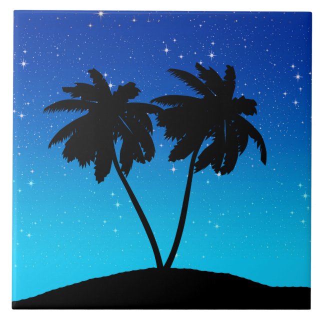 Palm Tree Silhouette on Evening Blue with Stars Tile (Front)